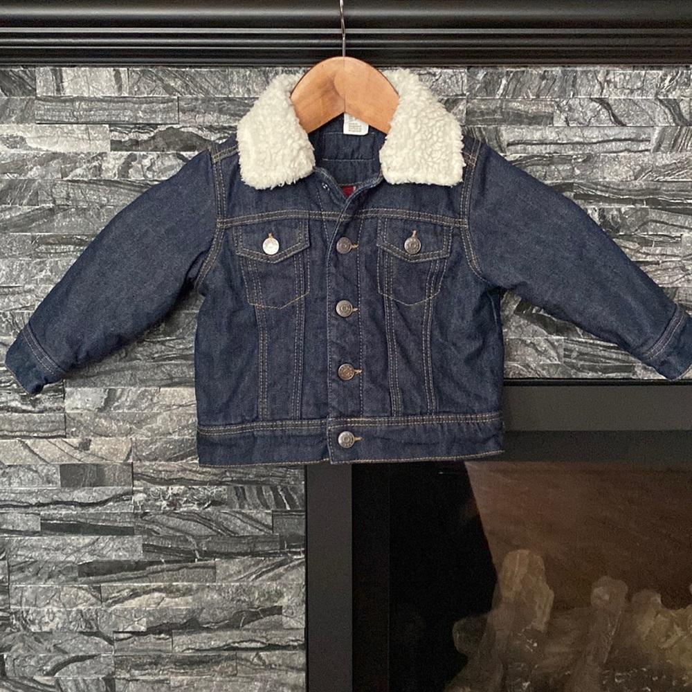 H & M Baby Jean Jacket Snaps up Sherpa Collar Quilted Plaid Lining, 9-12…